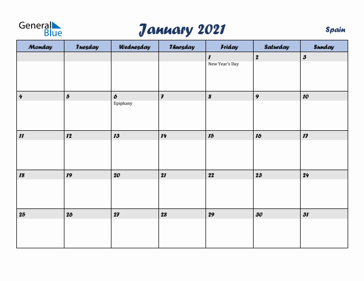 January 2021 Calendar with Holidays in Spain