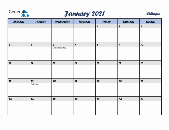 January 2021 Calendar with Holidays in Ethiopia