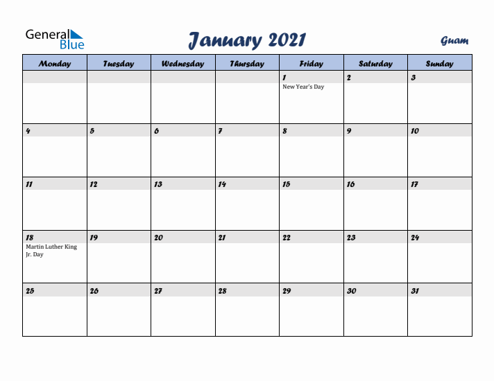 January 2021 Calendar with Holidays in Guam