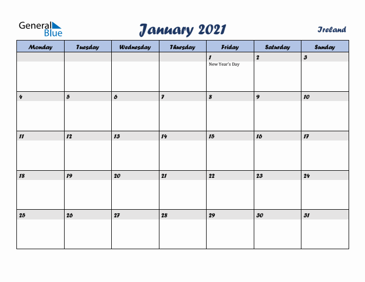 January 2021 Calendar with Holidays in Ireland