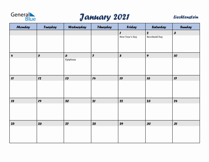 January 2021 Calendar with Holidays in Liechtenstein