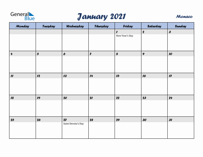 January 2021 Calendar with Holidays in Monaco
