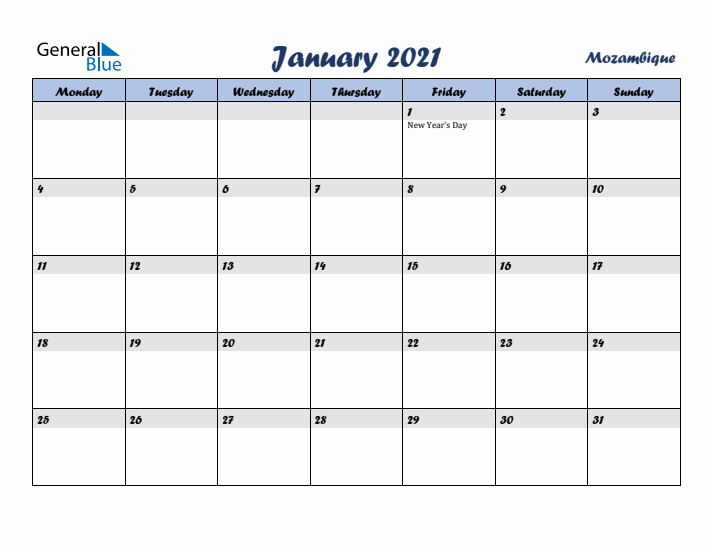January 2021 Calendar with Holidays in Mozambique