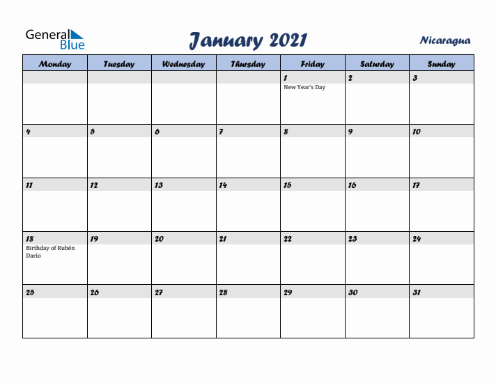 January 2021 Calendar with Holidays in Nicaragua