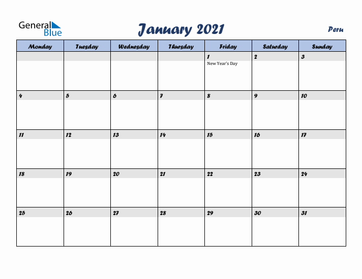 January 2021 Calendar with Holidays in Peru