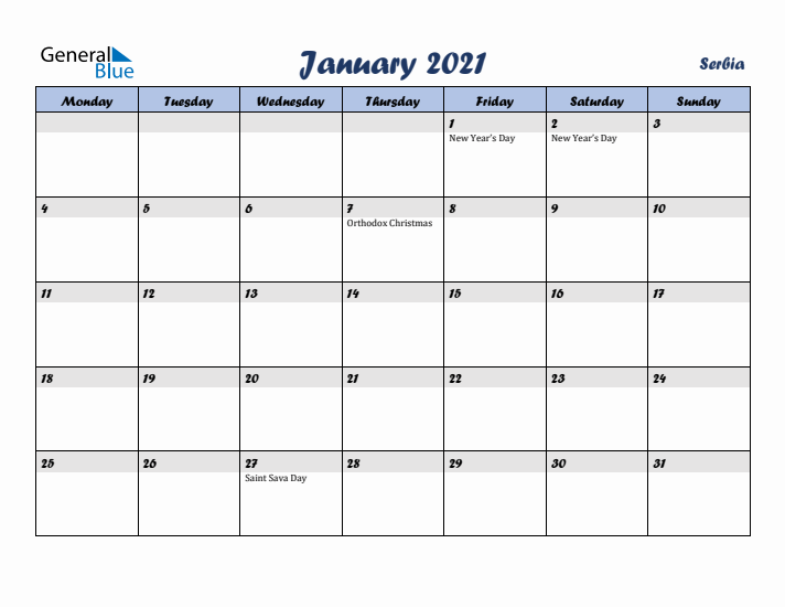 January 2021 Calendar with Holidays in Serbia