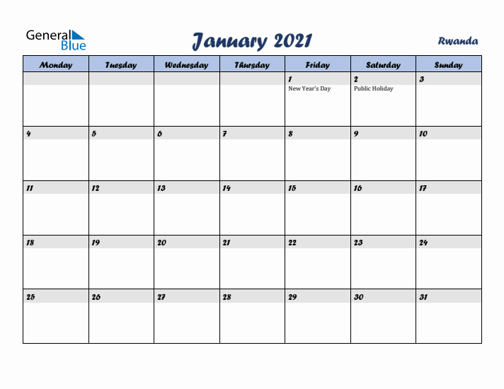 January 2021 Calendar with Holidays in Rwanda