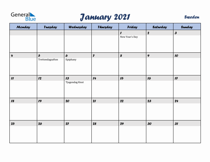 January 2021 Calendar with Holidays in Sweden