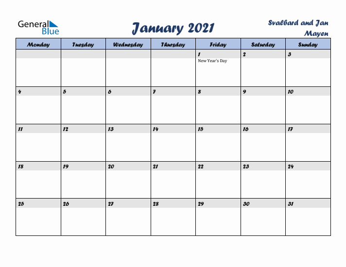 January 2021 Calendar with Holidays in Svalbard and Jan Mayen