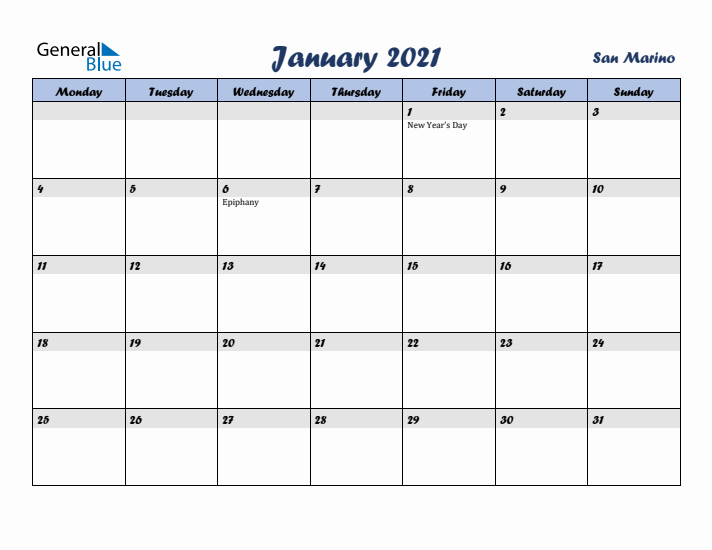 January 2021 Calendar with Holidays in San Marino