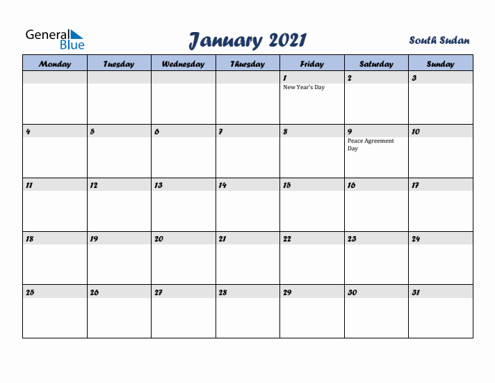 January 2021 Calendar with Holidays in South Sudan