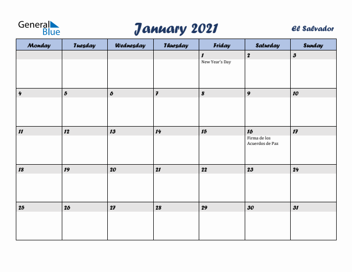 January 2021 Calendar with Holidays in El Salvador