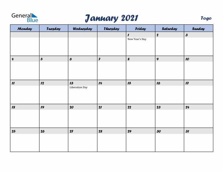 January 2021 Calendar with Holidays in Togo