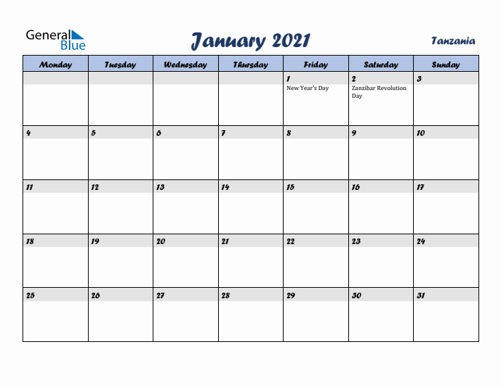 January 2021 Calendar with Holidays in Tanzania