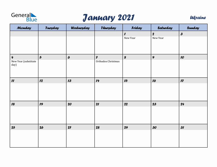 January 2021 Calendar with Holidays in Ukraine