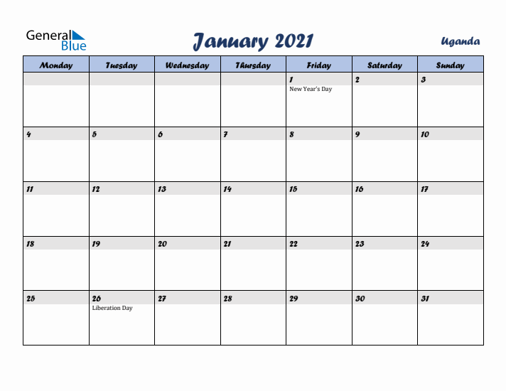 January 2021 Calendar with Holidays in Uganda