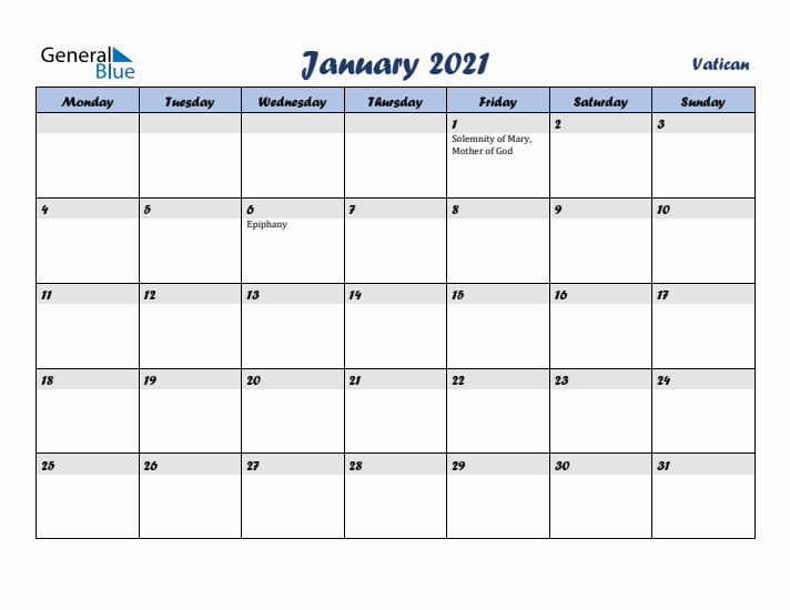 January 2021 Calendar with Holidays in Vatican
