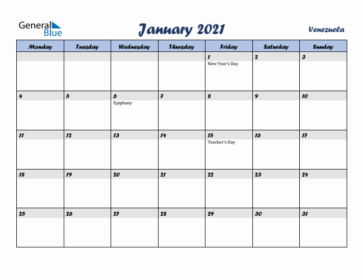 January 2021 Calendar with Holidays in Venezuela