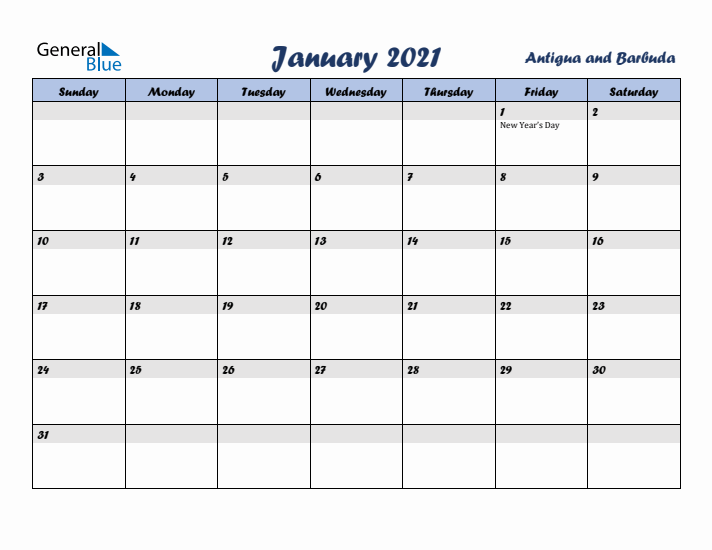 January 2021 Calendar with Holidays in Antigua and Barbuda