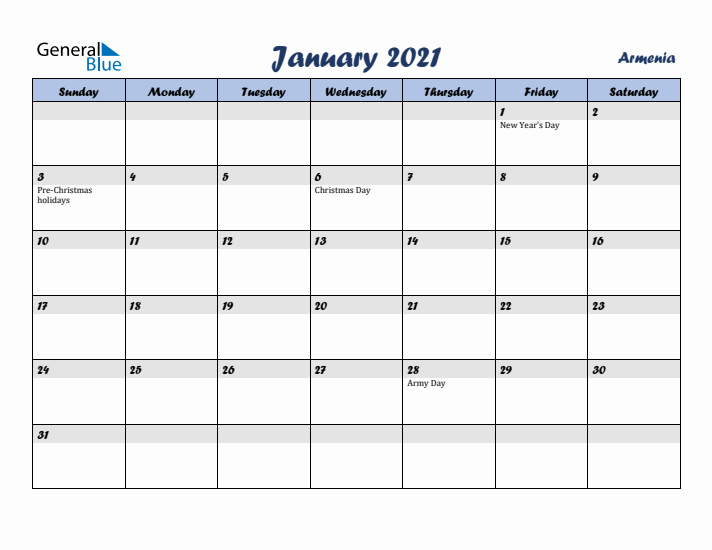 January 2021 Calendar with Holidays in Armenia
