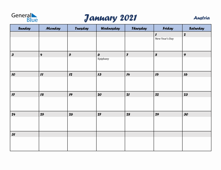 January 2021 Calendar with Holidays in Austria