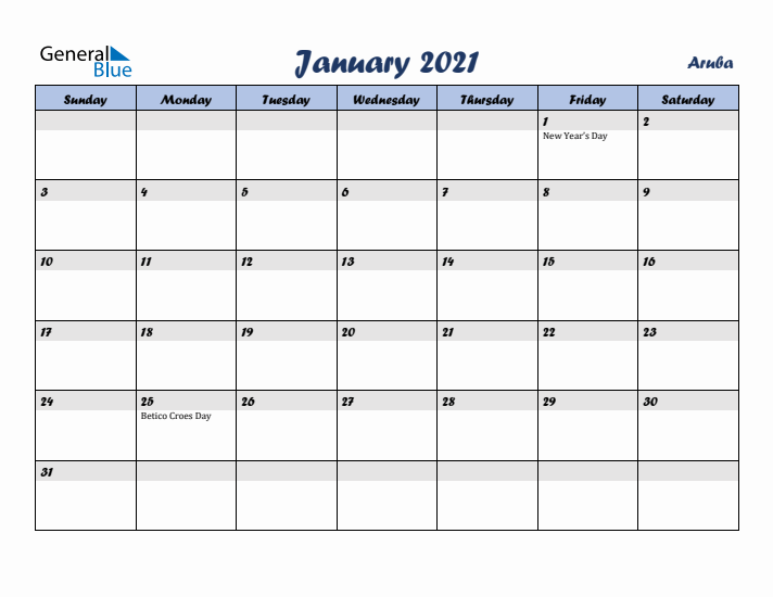January 2021 Calendar with Holidays in Aruba