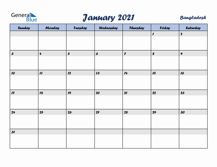 January 2021 Calendar with Holidays in Bangladesh