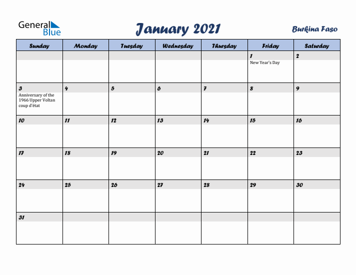 January 2021 Calendar with Holidays in Burkina Faso
