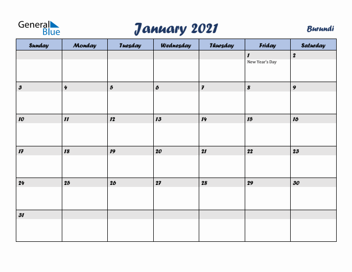 January 2021 Calendar with Holidays in Burundi