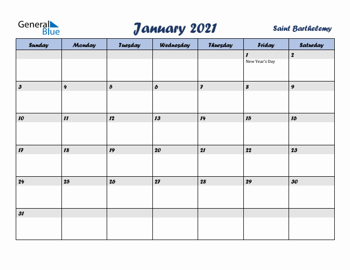 January 2021 Calendar with Holidays in Saint Barthelemy
