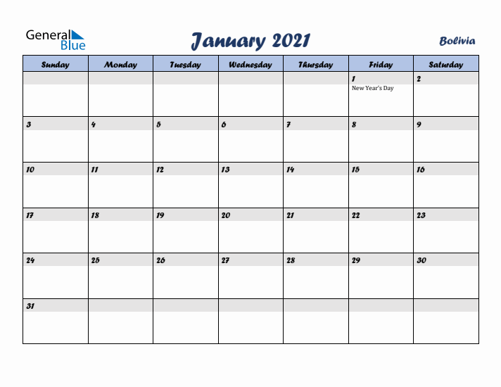 January 2021 Calendar with Holidays in Bolivia