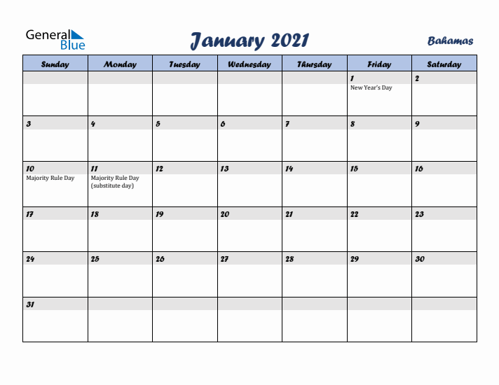 January 2021 Calendar with Holidays in Bahamas