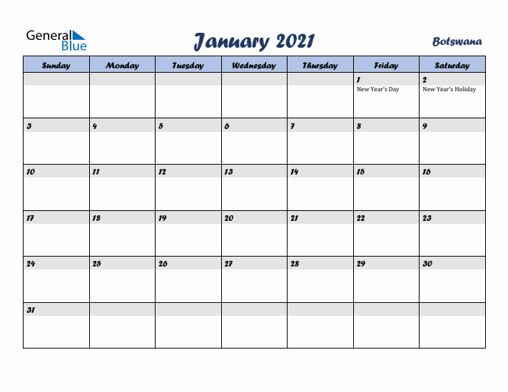 January 2021 Calendar with Holidays in Botswana
