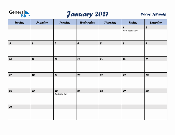 January 2021 Calendar with Holidays in Cocos Islands