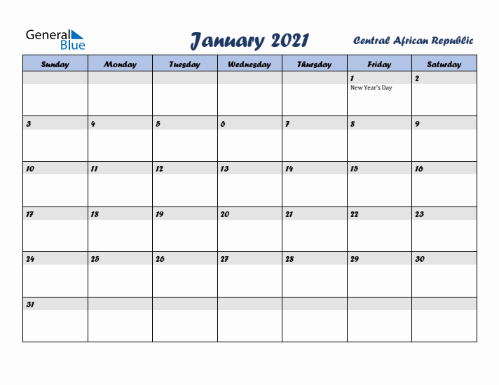January 2021 Calendar with Holidays in Central African Republic