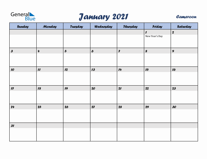 January 2021 Calendar with Holidays in Cameroon