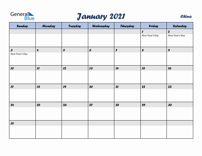 January 2021 Calendar with Holidays in China