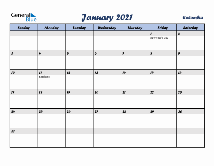 January 2021 Calendar with Holidays in Colombia