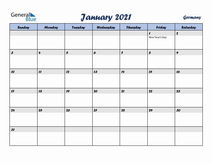January 2021 Calendar with Holidays in Germany