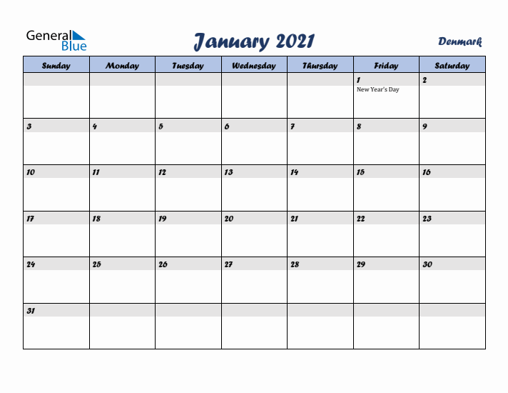 January 2021 Calendar with Holidays in Denmark
