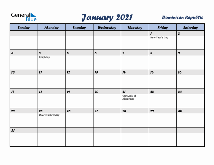 January 2021 Calendar with Holidays in Dominican Republic