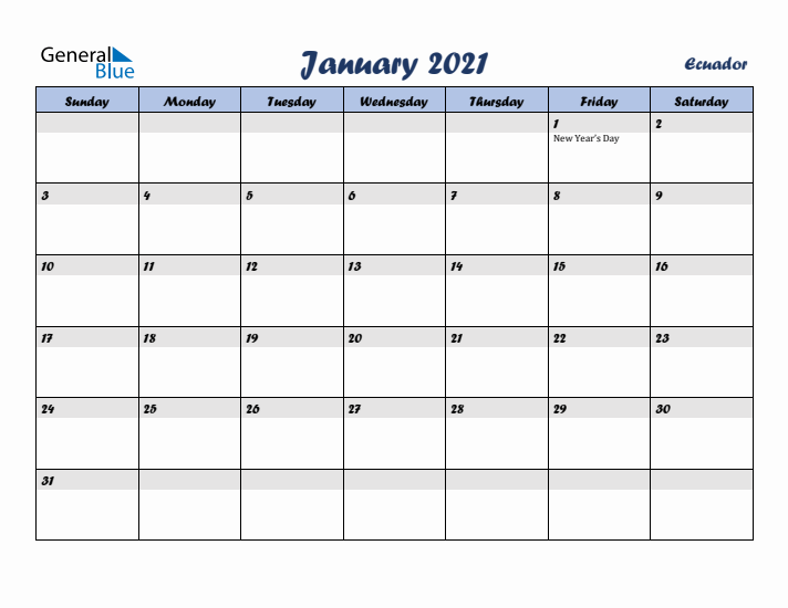 January 2021 Calendar with Holidays in Ecuador