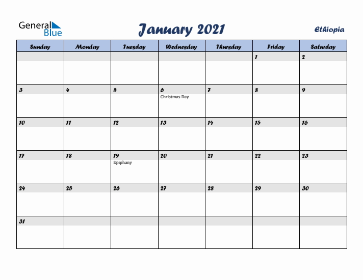 January 2021 Calendar with Holidays in Ethiopia