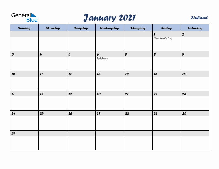 January 2021 Calendar with Holidays in Finland