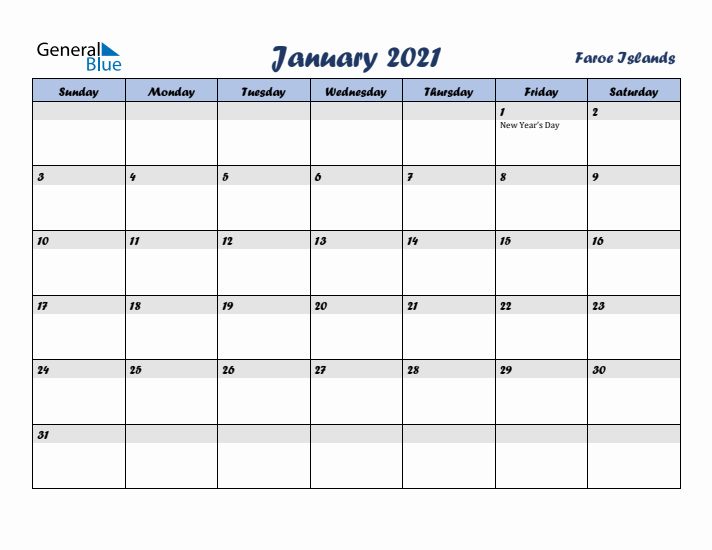 January 2021 Calendar with Holidays in Faroe Islands