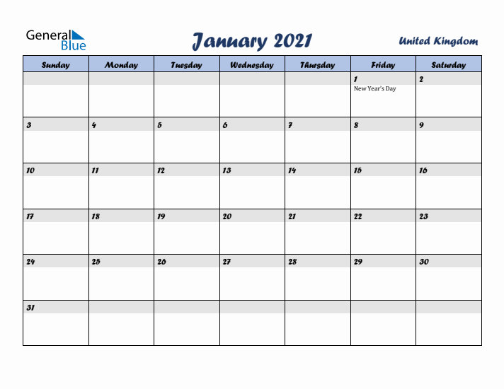 January 2021 Calendar with Holidays in United Kingdom