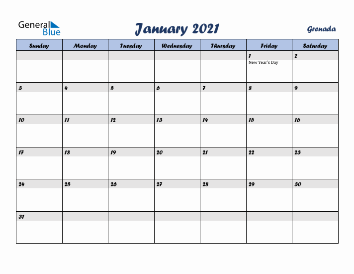 January 2021 Calendar with Holidays in Grenada