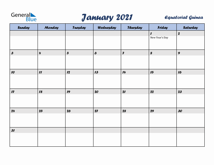 January 2021 Calendar with Holidays in Equatorial Guinea