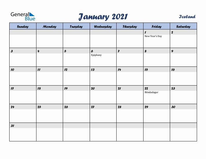January 2021 Calendar with Holidays in Iceland