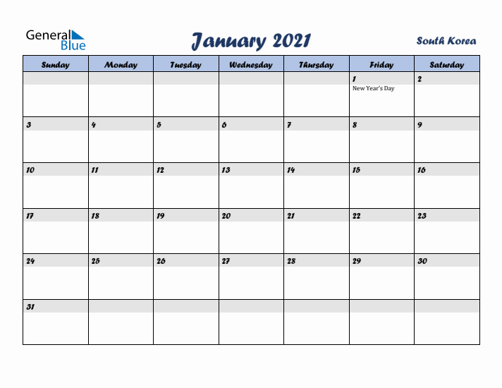 January 2021 Calendar with Holidays in South Korea